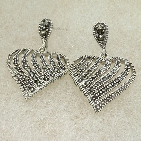 Unbranded Jewelry - Vintage Heart Shaped Sterling Silver 925 & Marcasite Earrings Diamond Read Descr
